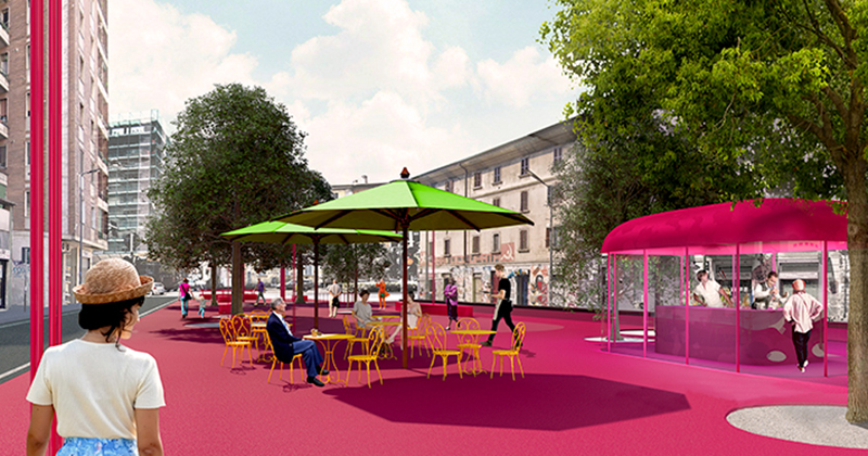 Milano, colore e strutture leggere per ridare vita a una piazza degradata. È il forte impatto visivo ad avere la meglio!