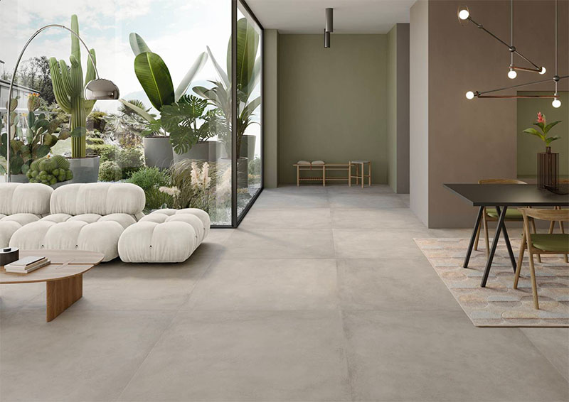 Ceramiche Keope | Living rivestito a pavimento con Plate Silver nel formato 120x120