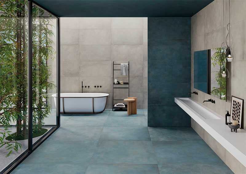Ceramiche Plate titanium | Moderno ambiente bagno realizzato con Plate nella finitura Titanium (120x120) e a parete, la nuance Silver (60x120)